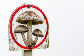 Mushrooms in drawing or illustration style, prohibition concept. Background with selective focus and copy space