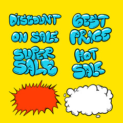 Sale graffiti text set. Discount text set. Fashion sale set. Streetwear discount set. Bubble font sale, marketing text set cloud