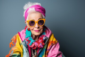 Fashionable senior woman in colorful clothes and sunglasses posing over grey background.