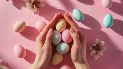 Pair of hands holding variety of speckled and pastel Easter eggs. On pink background. Top view. Suitable for holiday marketing, seasonal blogs, and creative projects.