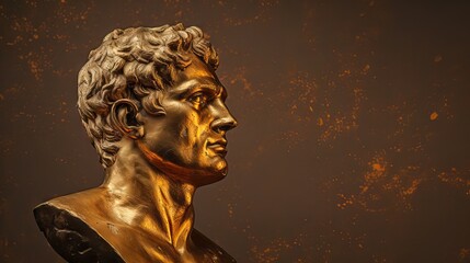 Bronze antique statue of a male head on a dark textured background. Ideal for contemporary art projects. Banner with copy space