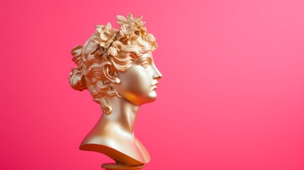 Gold antique statue of female head on a pink solid background, perfect for use in artistic or abstract visual content. Banner with copy space