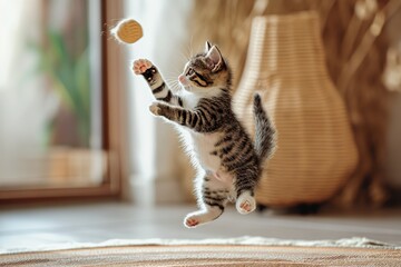 A fluffy tabby kitten stands on its hind legs, eyes wide with excitement, as it reaches to swat at hanging colorful toy balls by a sunny window