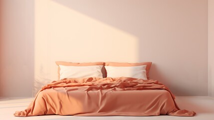 Clean bedroom design with big bed bathed in natural morning light. In fashionable trendy color Peach. Perfect for a tranquil home setting, bed and breakfast marketing, and zen-inspired spaces.