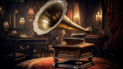 Retro gramophone with golden horn on blurred background of living room. Can be used in article,...