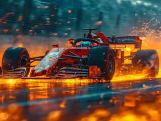 A burning Formula 1 car on a race track. Formula 1 on fire. - obrazy, fototapety, plakaty