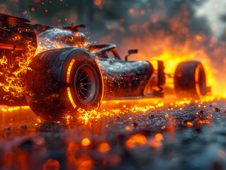 A burning Formula 1 car on a race track. Formula 1 on fire.