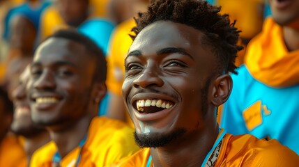 Joyful sports fans cheering at a game, vibrant colors highlight their excitement. capturing a moment of happiness and unity. AI