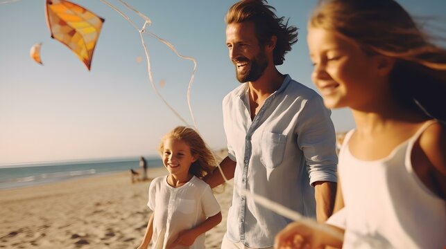Family enjoying a sunny day at the beach flying a kite. joyful beach day with child kite flying. happy moments. AI