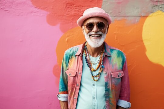 Portrait of senior hipster man with sunglasses and hat smiling against colorful background