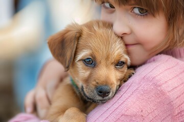 A close-up image capturing a tender moment as a young girl with sparkling eyes hugs a small brown puppy with care and affection. - obrazy, fototapety, plakaty
