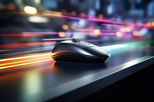 A computer mouse moving rapidly across a desk, representing the speed of digital navigation. Concept of swift computer interaction. Generative Ai.