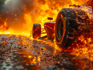 A burning Formula 1 car on a race track. Formula 1 on fire. - obrazy, fototapety, plakaty