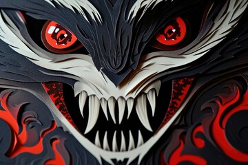 Obraz premium A close-up of a vampire face with sharp fangs and blood red eyes Halloween art design vampire fangs