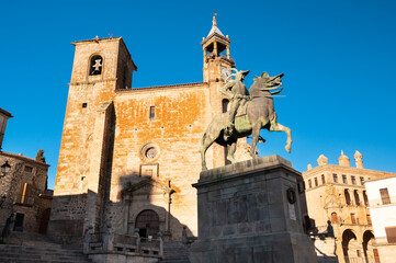 Fototapeta na wymiar Pizarro statue and Plaza Mayor Square in Trujillo, Spain. High quality photo