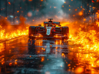A burning Formula 1 car on a race track. Formula 1 tires on fire.