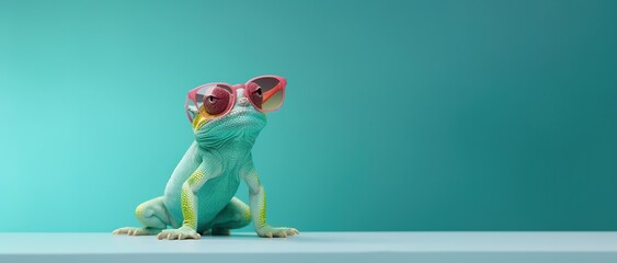 Chameleon Wearing Sunglasses on Minimalist Background with Copy Space. Presentation, Ads, Animal
