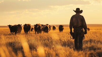 Cowboy watching over grazing cattle at sunset in a field - obrazy, fototapety, plakaty