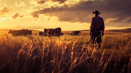 Cowboy with cattle at sunset in a golden field - obrazy, fototapety, plakaty