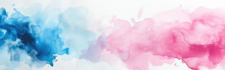 Watercolor abstract background on white canvas with dynamic mix of bright pink and light blue colors, banner, panorama - obrazy, fototapety, plakaty