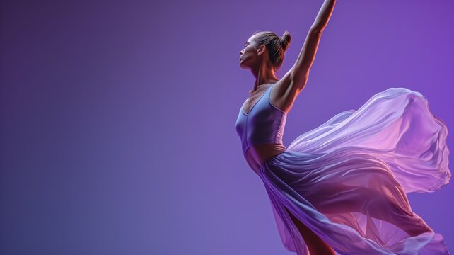 A graceful dancer in mid-pose with a flowing lavender dress