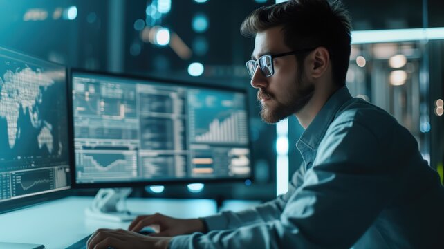 A man working on multiple computer screens with data