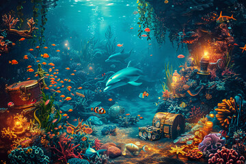 Fototapeta na wymiar Whimsical Underwater Scenes with Playful Marine Life and Sunken Treasures for Aquatic Themed Design Projects