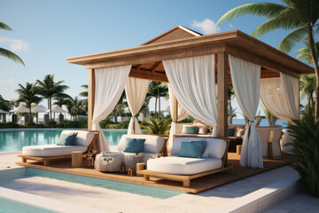 Fototapeta na wymiar Poolside cabanas with plush loungers and refreshing beverages, creating a luxurious environment for relaxation. Concept of upscale pool amenities. Generative Ai.