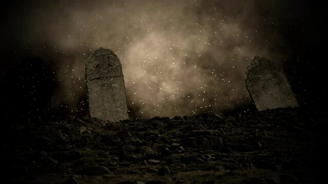 Gravestones on a hilltop night