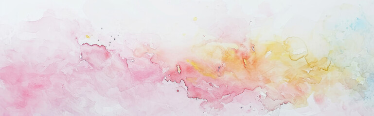 Watercolor abstract background on white canvas with dynamic mix of pastel pink and light yellow colors, banner, panorama