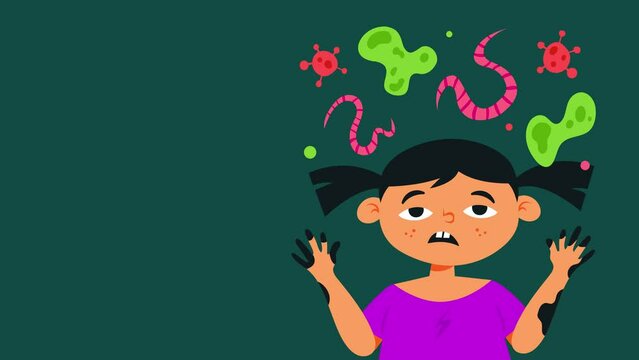 Child immune system. Sick sad kid with dirty hands. Viruses, bacterias, worms around. Immune kid protection, immunity health human. 4K animated video. Alpha channel.