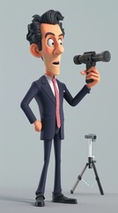 Obraz premium Cartoon digital avatar of a stern TV Producer, giving direction to crew members on set.