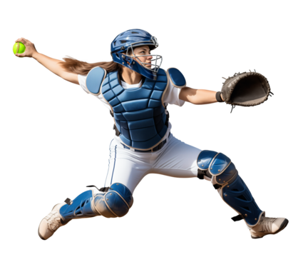softball catcher in full protective gear throwing her ball
