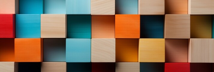 Vibrant arrangement of colorful wooden blocks creating a wide format background