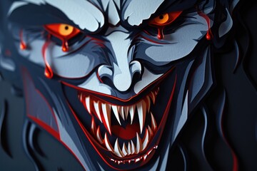 Obraz premium A close-up of a vampire face with sharp fangs and blood red eyes Halloween art design vampire fangs