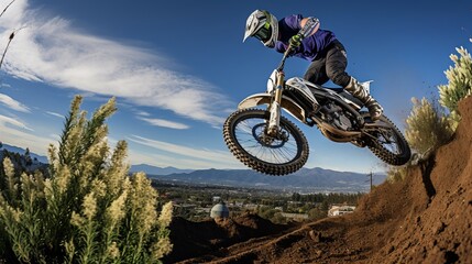 Breathtaking mid air motorcycle stunt over a canyon with a dirt trail and clear blue sky