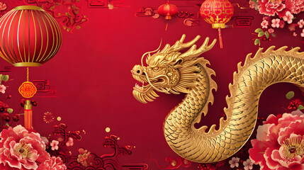 Happy chinese new year 2024, year of the dragon, Golden dragons, clouds, flowers and lanterns, all golden on a red background.