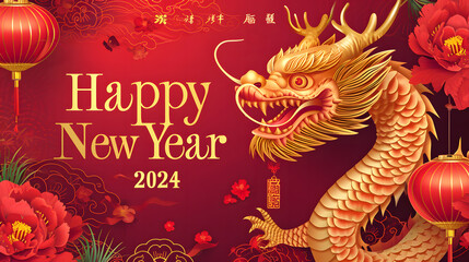 Happy chinese new year 2024, year of the dragon, Golden dragons, clouds, flowers and lanterns, all golden on a red background.