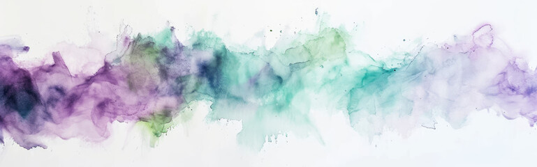 Watercolor abstract background on white canvas with dynamic mix of purple and green colors, banner, panorama