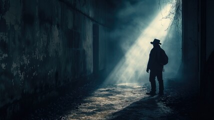 Silhouetted figure in a fedora in an alley with light beams - obrazy, fototapety, plakaty