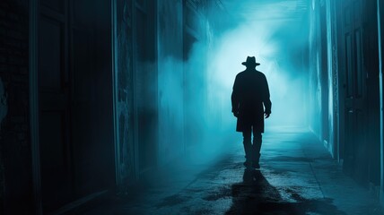 Silhouetted detective walking through a foggy corridor - obrazy, fototapety, plakaty