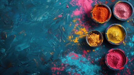 Vibrant powdered colors in bowls on a blue textured background - obrazy, fototapety, plakaty
