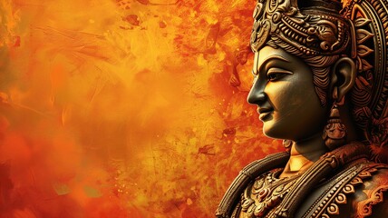 Golden statue of a Hindu deity on an orange backdrop