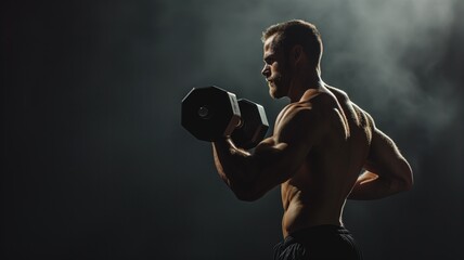 Muscular man lifting a dumbbell in a dramatic light