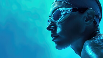Close-up of a swimmer in goggles, immersed in blue water - obrazy, fototapety, plakaty