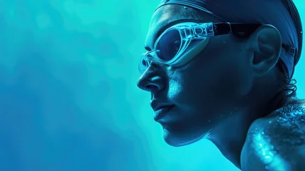 Fotobehang Close-up of a swimmer in goggles, immersed in blue water © Artyom