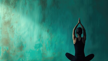 Woman practicing yoga in a serene turquoise room