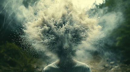 Conceptual image of a head made of smoke exploding in a mystical forest - obrazy, fototapety, plakaty