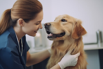 Beautiful Female Veterinarian Petting a Noble Golden Retriever Dog and Healthy Pet on a Check Up Visit in Modern Veterinary Clinic with Happy Caring Woman generative ai