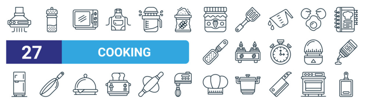 set of 27 outline web cooking icons such as exhaust hood, pepper, microwave, turner, gas stove, pan, chef, cutting board vector thin line icons for web design, mobile app.